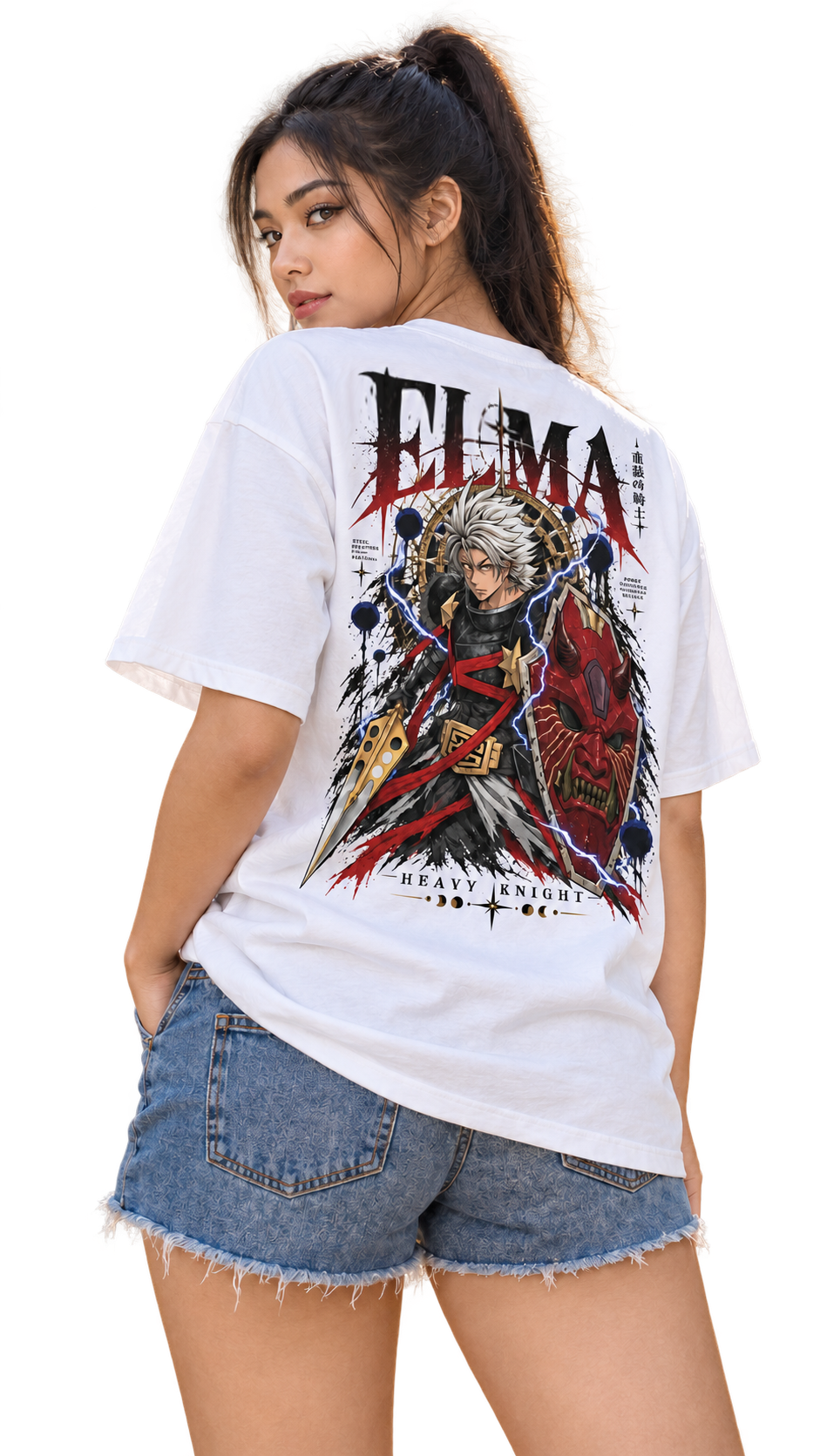 Model wearing the ELMA Heavy Knight shirt, back view